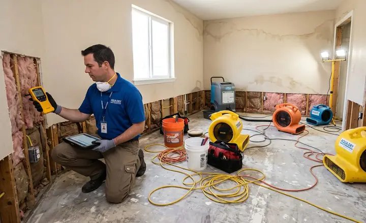Air movers and a dehumidifier drying a stripped-back room, technician checking a moisture meter