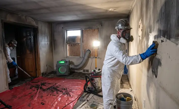 A technician cleaning soot and smoke residue from a fire-damaged room