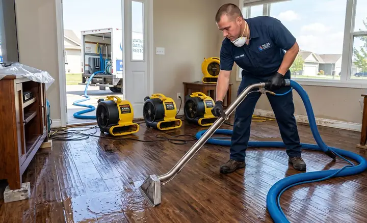 A restoration technician extracting standing water from a flooded floor with air movers running