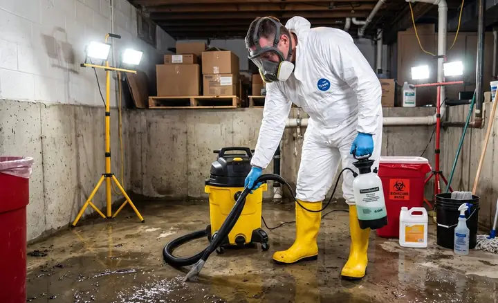 A technician in protective gear sanitizing a flooded basement after a sewage backup