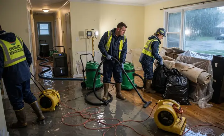 A crew extracting flood water and clearing debris from a storm-flooded home