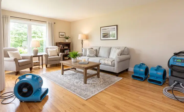 A living room being dried with air movers and a dehumidifier after water damage